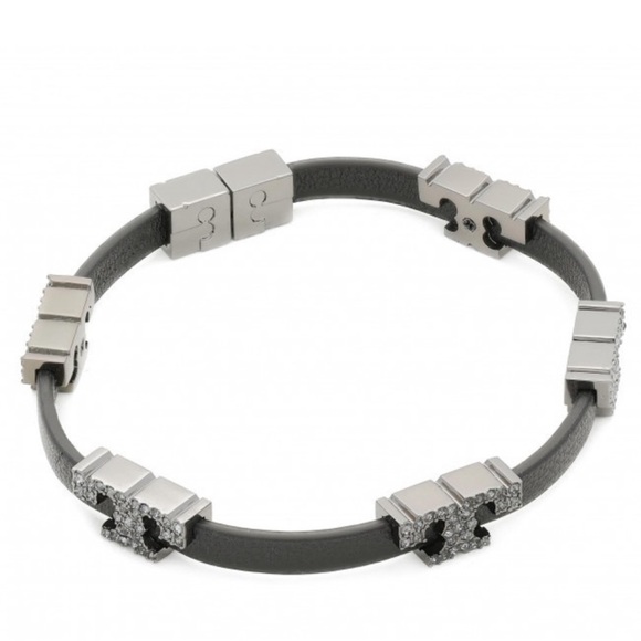 Tory Burch Serif T Bracelet with Pave Stones and Black Leather